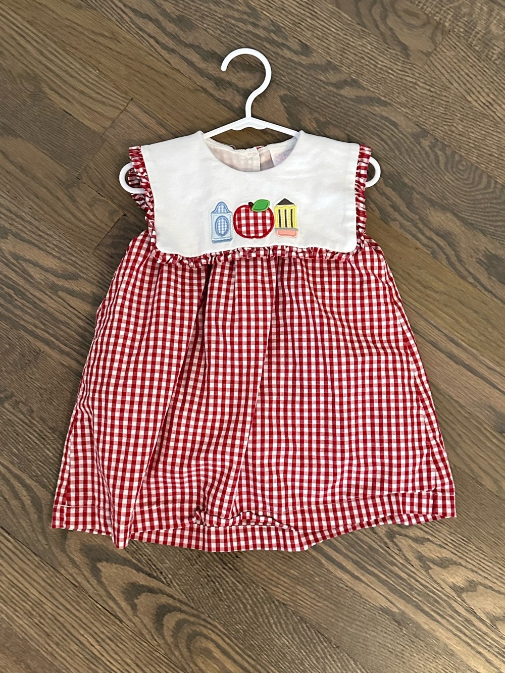 Red Gingham Apple Appliqué Kids Dress - White Yoke